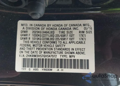 2016 Honda Cr-V Ex from USA, damaged, VIN 2HKRM3H57GH547972